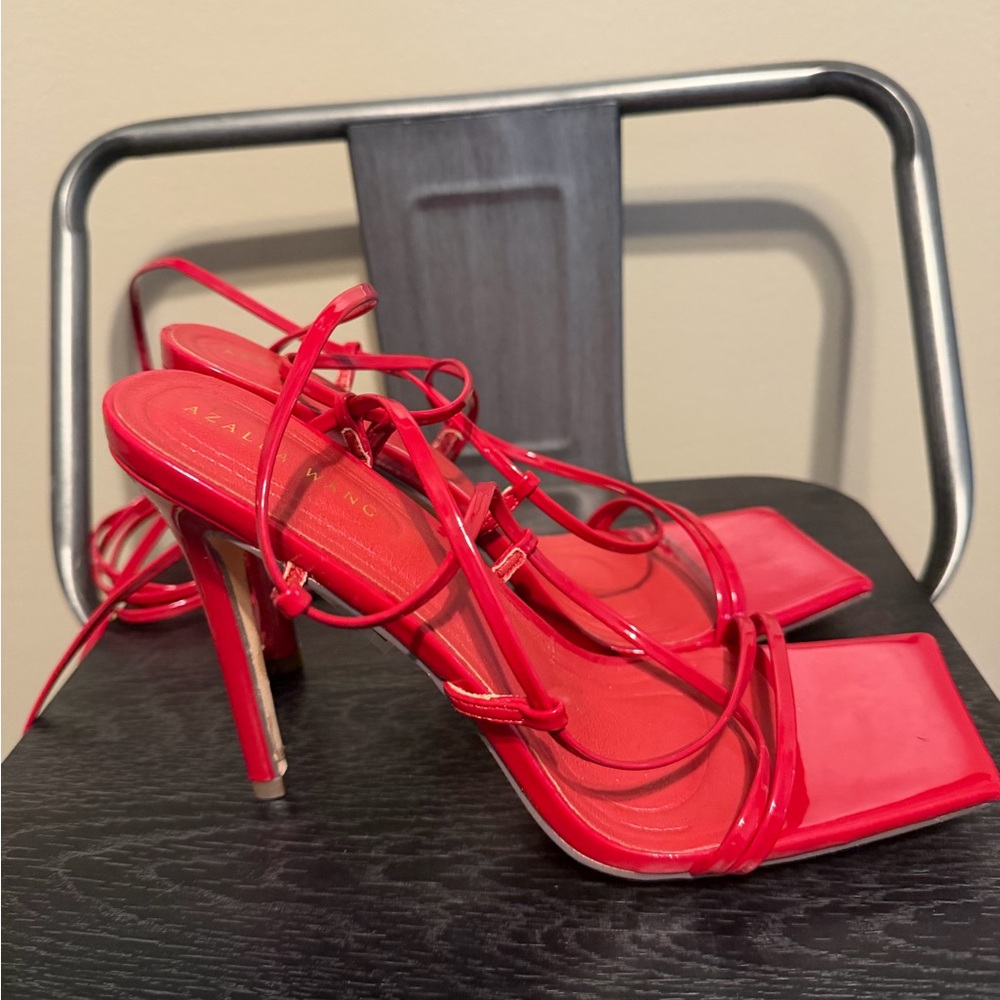 Azalea Wang Red Patent Lace Up Square Toe Heels Size 7 | Strappy Stiletto - Picture 5 of 9